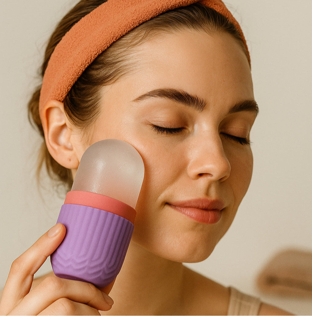 Mulher usando o DermaIce massageador facial de silicone com gelo.