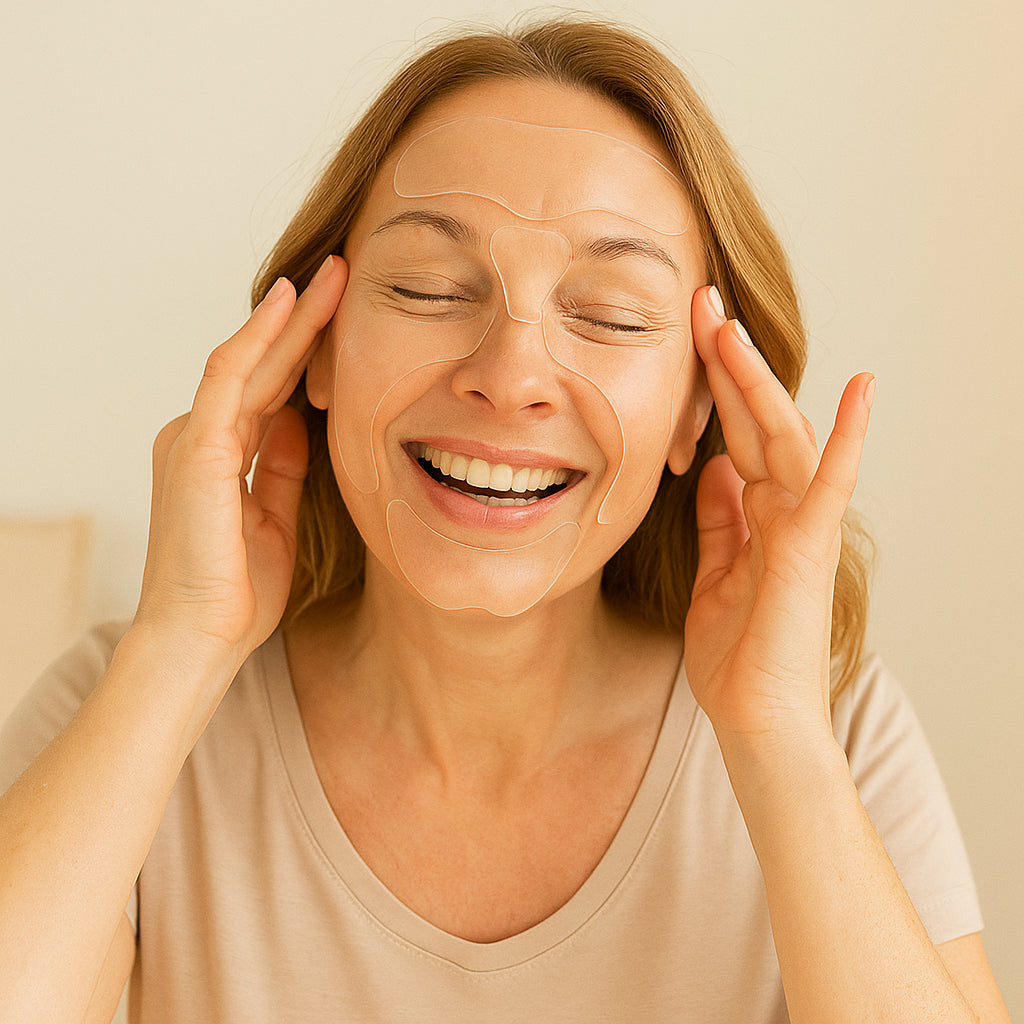Adesivo facial de silicone em uso em pele madura