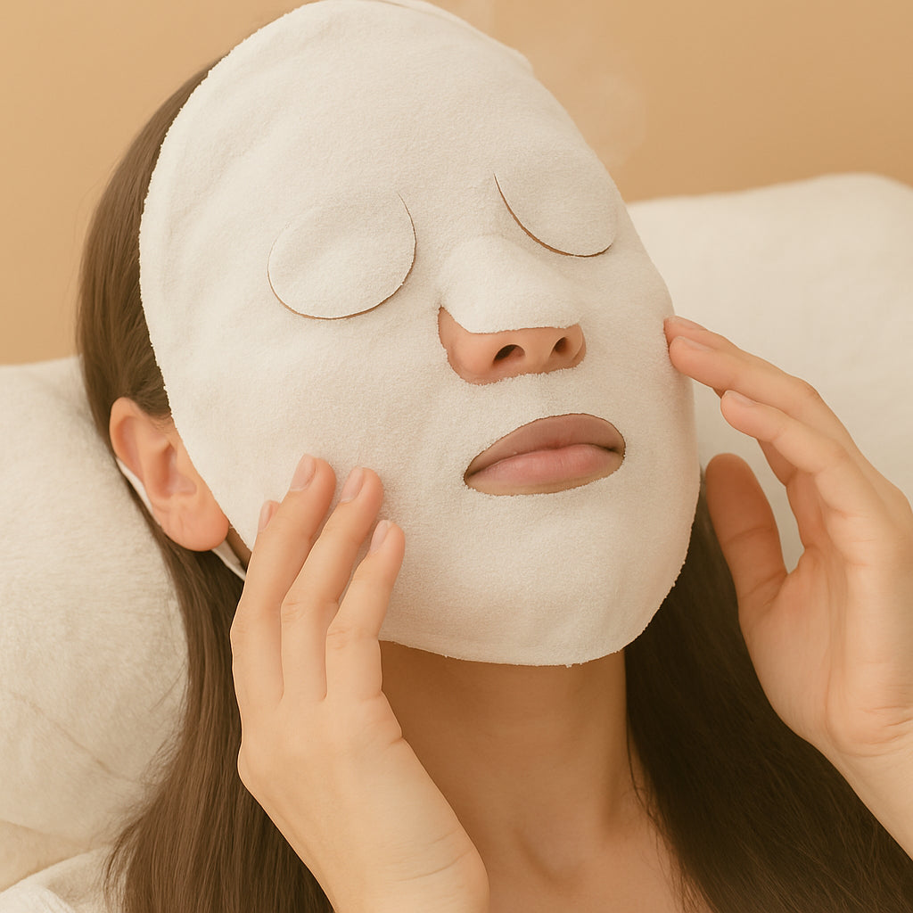 Mulher usando máscara térmica facial reutilizável com compressa quente e fria